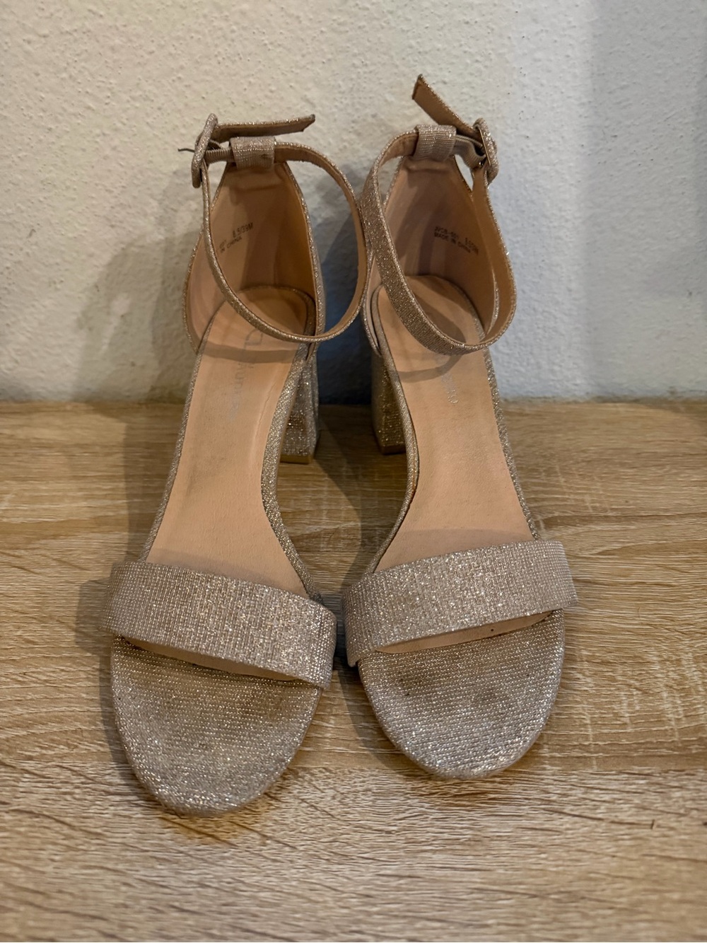 Chinese Laundry Sparkle Ankle-Strap Block Heels in Champagne